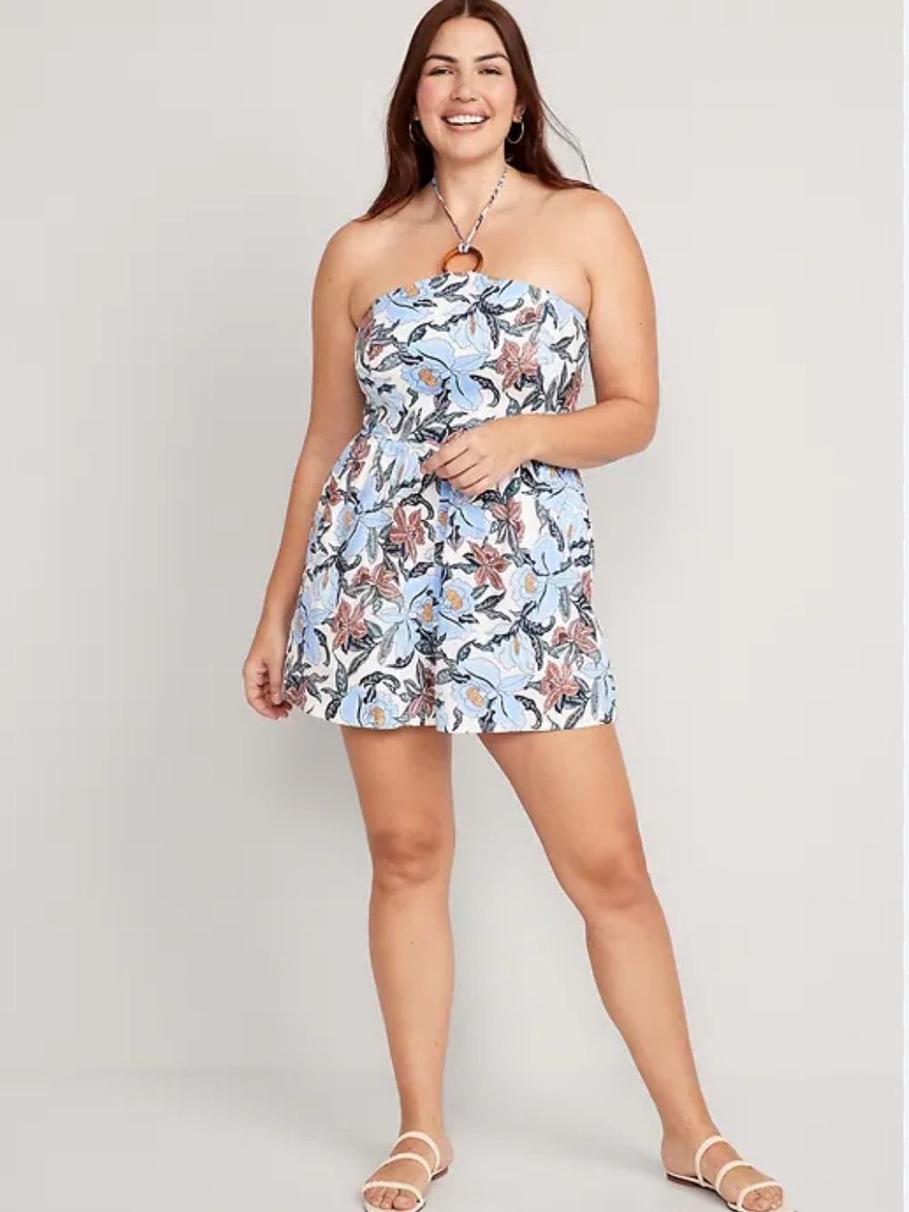 Old Navy Linen-Blend O-Ring Halter Romper XL Blue Floral